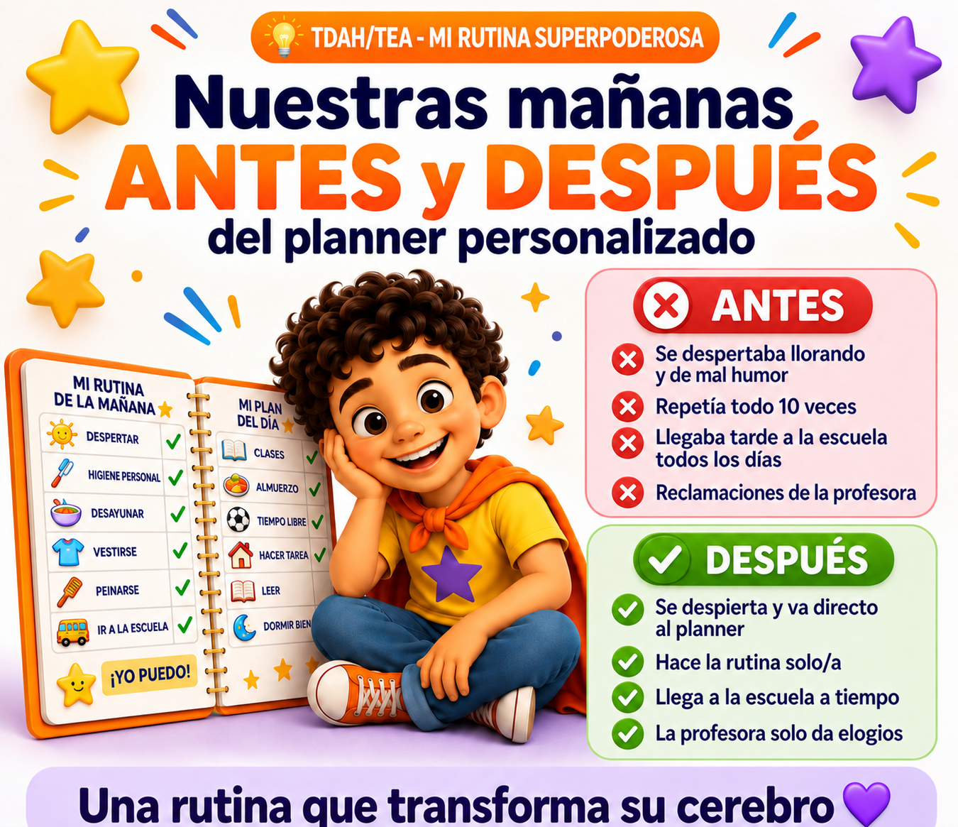 Ilustración de un niño con un planificador de rutinas para casa y la escuela