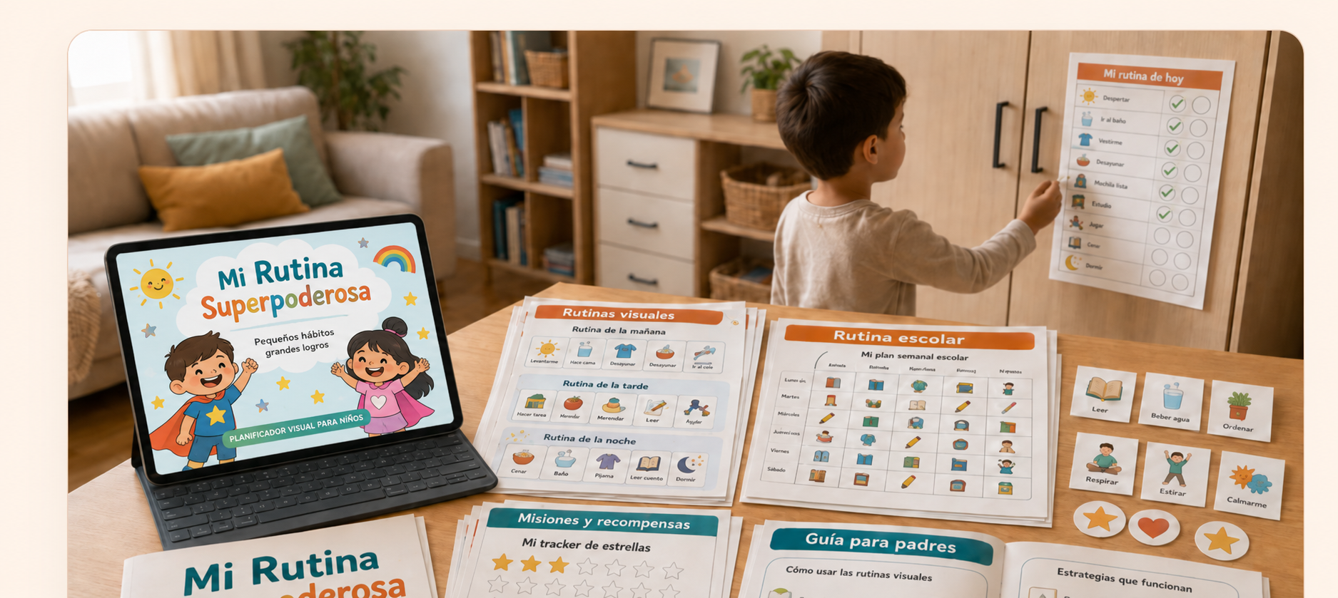 Biblioteca de rutinas visuales: cuadros impresos, tarjetas de actividades, planificadores y la portada del ebook en pantalla, con un niño marcando una tarea en su cuadro